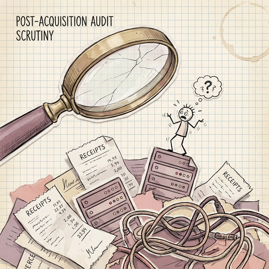 A magnifying glass examines a tangled pile of receipts and server icons